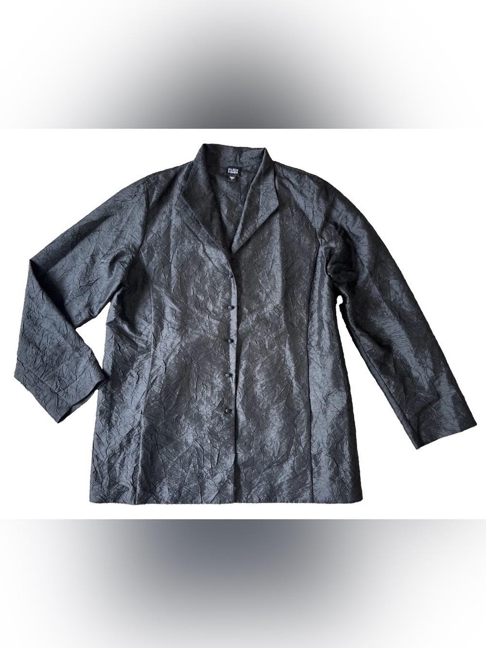 Eileen Fisher Black 100% Silk Textured Button-Front Jacket Size L